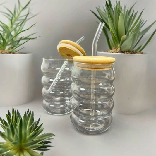 Bubble Glass Tumbler With Wooden Lid and Glass Straw (Pack of 1)