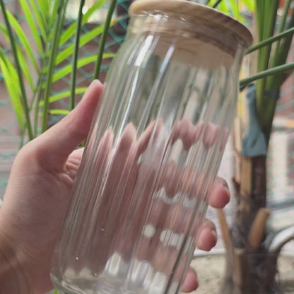 Ripple Glass Tumbler With Wooden Lid and Glass Straw (Pack of 1)