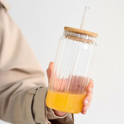Ripple Glass Tumbler With Wooden Lid and Glass Straw (Pack of 1)