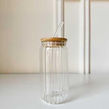 Ripple Glass Tumbler With Wooden Lid and Glass Straw (Pack of 1)